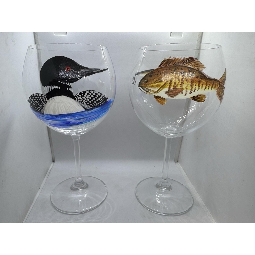 Hand Painted Set Loon Wine Glass Lake Bird Art Fishing Lure Balloon Wine Goblet